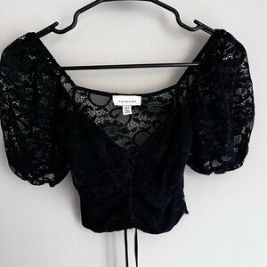 Topshop Black Lace Puff-Sleeve Corset-Style Crop Top